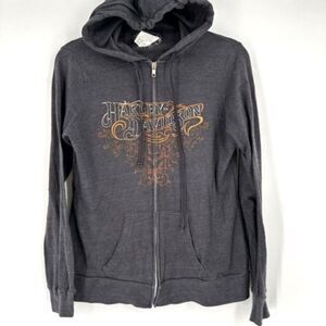 Vintage Y2K Harley Davidson Women Gray Full Zip Hoodie Sweatshirt Medium Flames